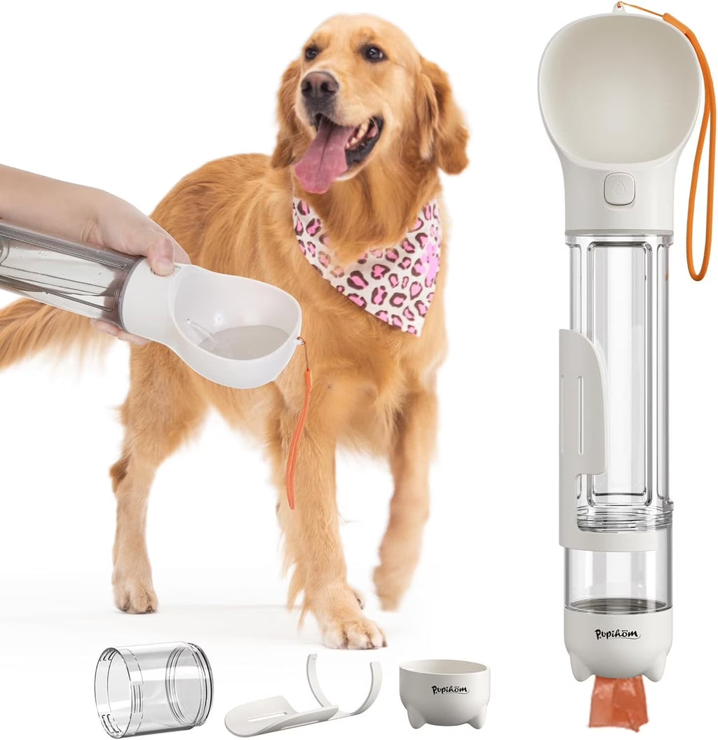 17Oz 3 in 1 Portable Dog Water Bottle, Outdoor Dog Water Dispenser with Poop Bag, Pet Travel Water Bottle Dispenser with Drinking Feeder and Food Container for Dogs Walk Travel, Length 15.55"