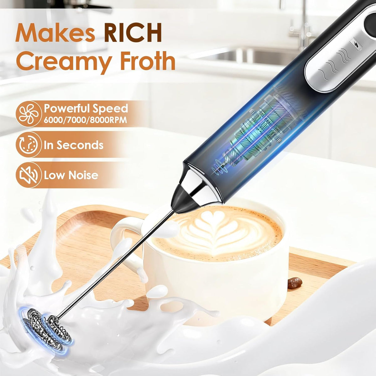 Handheld Milk Frother, Rechargeable Milk Frother, Coffee Mixer Wand, Black