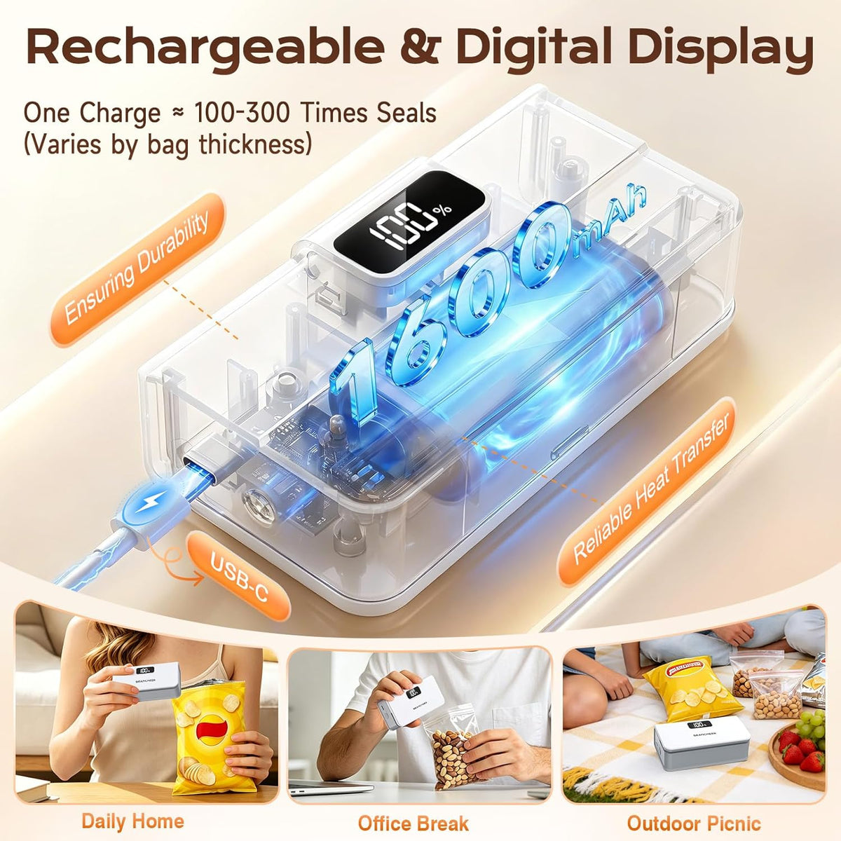 Rechargeable Mini Bag Sealer, 6 Heat Levels with Magnet & Cutter