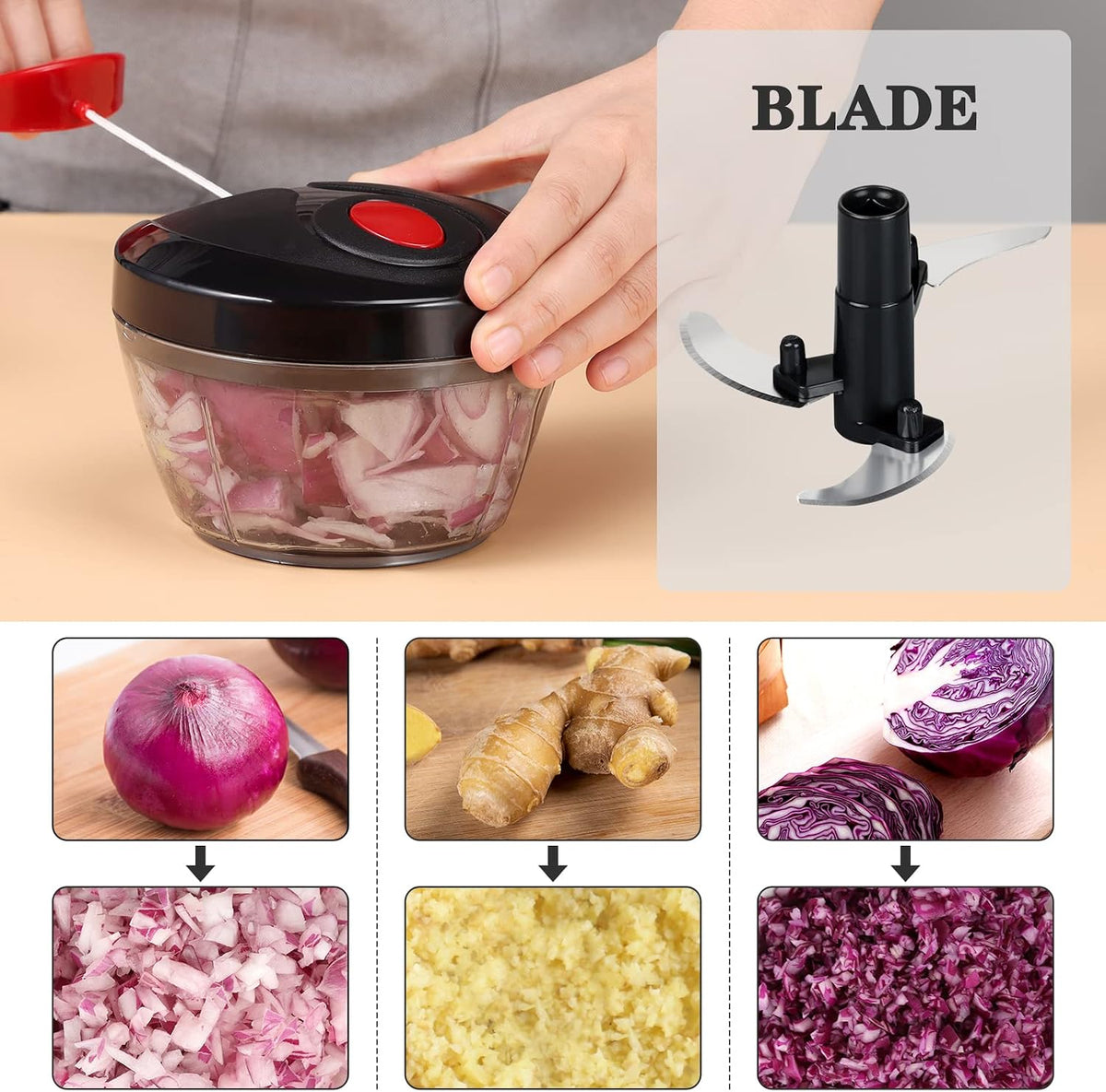 Manual Food Chopper Vegetable Cutter, Hand String Vegetable Chopper Onions Cutter for Vegetable Fruits Nuts BPA Free Food Safe Material, 500Ml Black