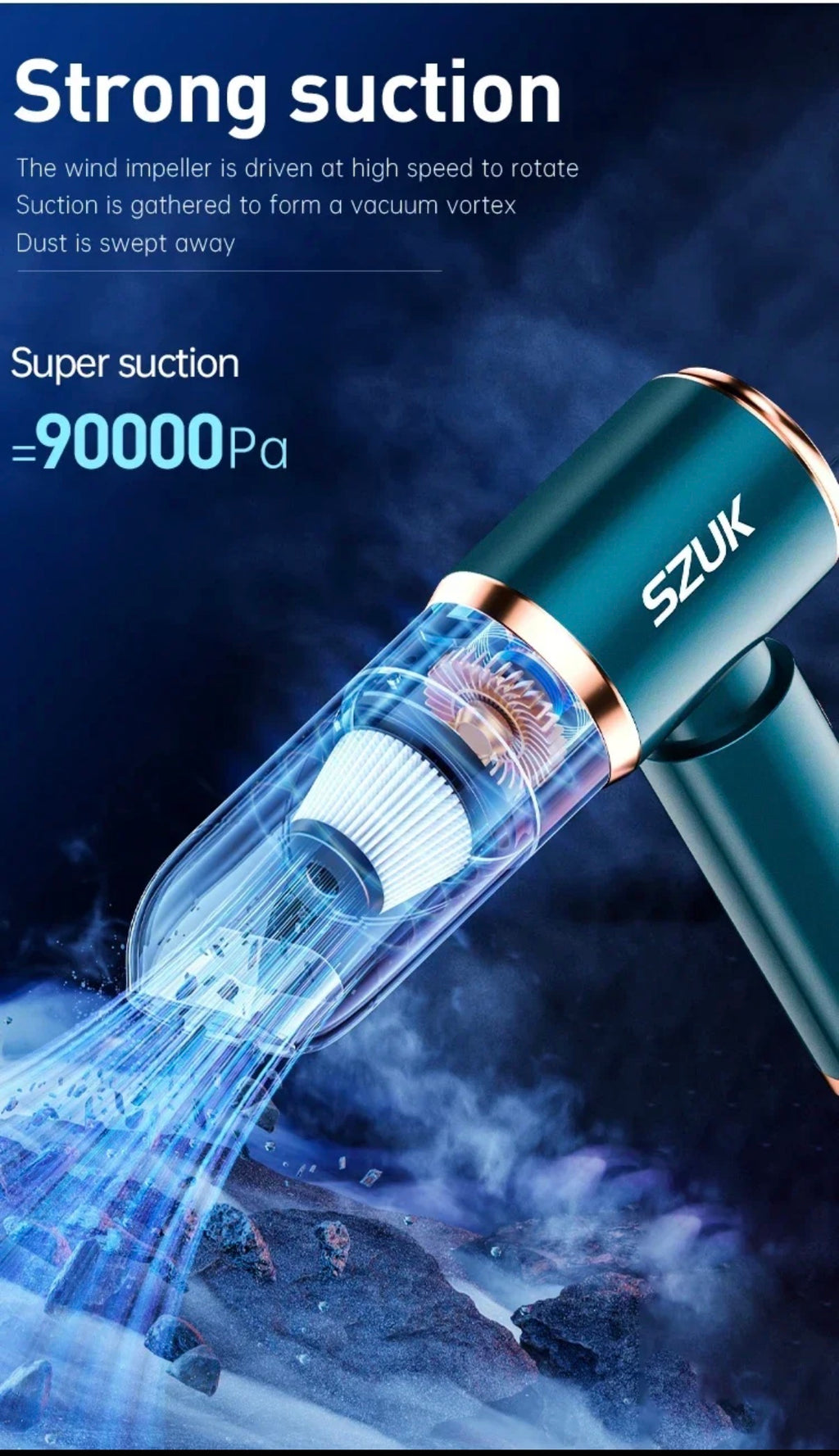 Cordless Handheld Car Vacuum Cleaner, 90000Pa Strong Suction, USB-C Rechargeable Portable Vacuum for Car & Home – Blue