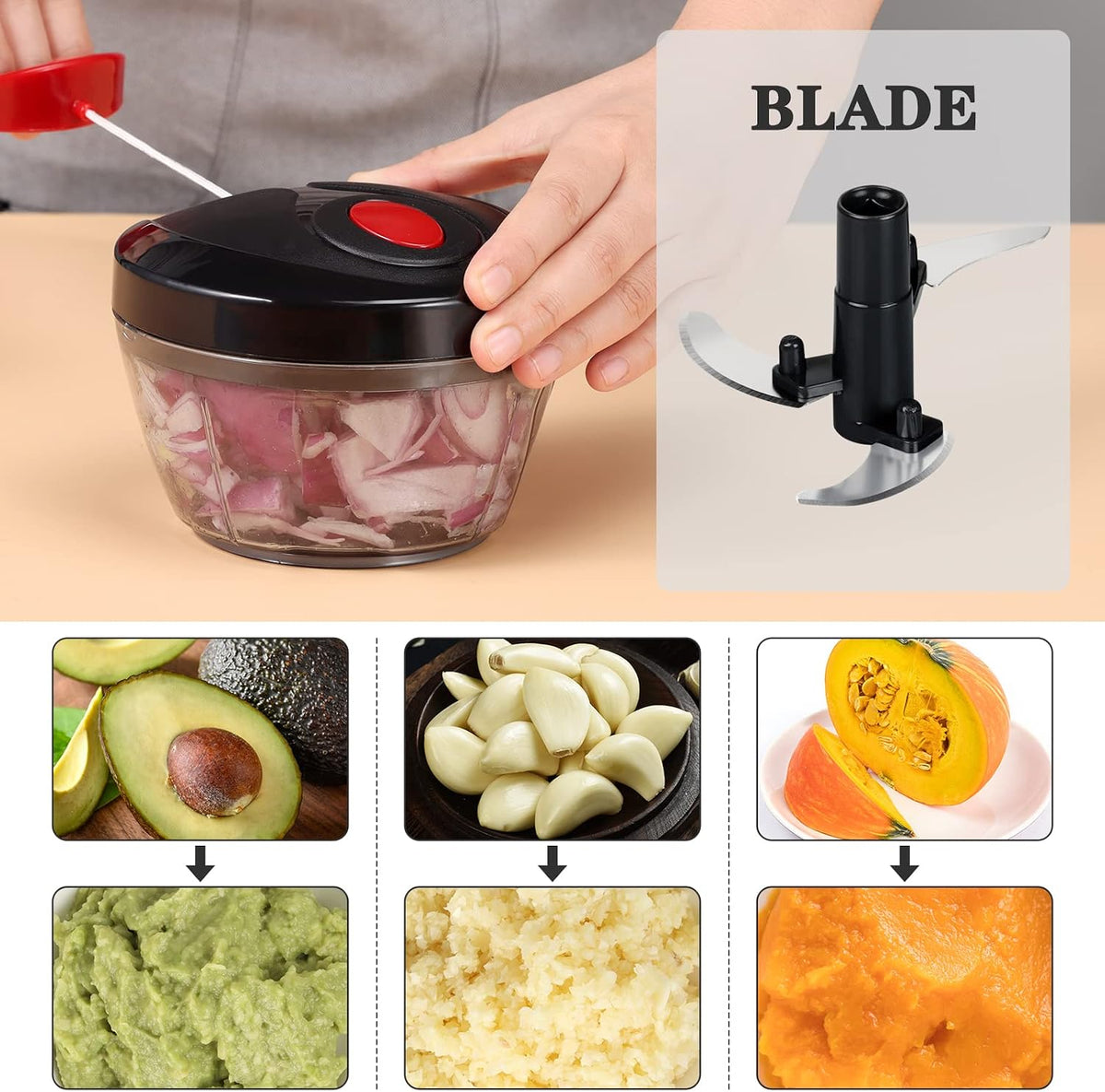 Manual Food Chopper Vegetable Cutter, Hand String Vegetable Chopper Onions Cutter for Vegetable Fruits Nuts BPA Free Food Safe Material, 500Ml Black