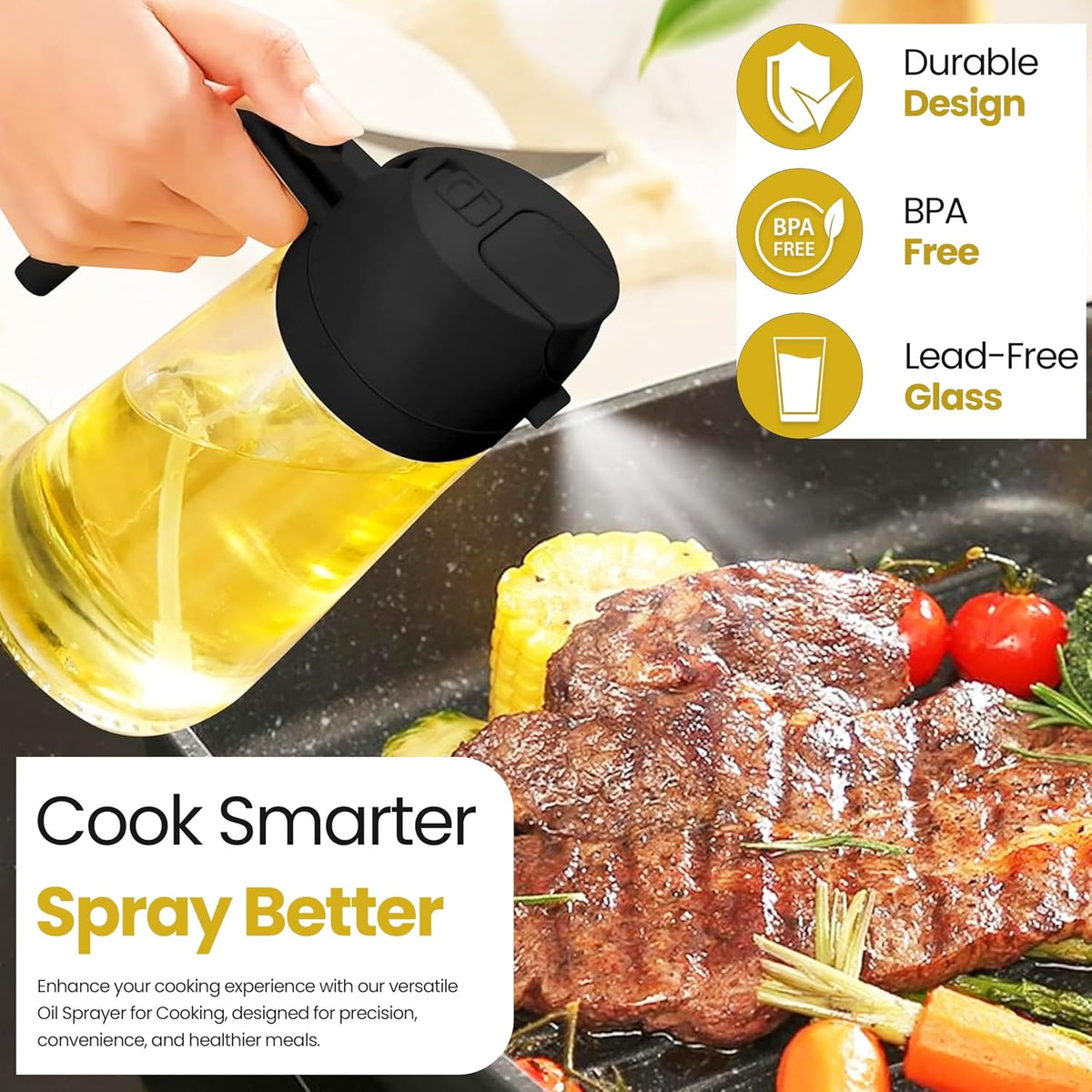 2 in 1 Oil Sprayer & Dispenser for Cooking | 16Oz/470Ml Glass Olive Oil Sprayer with Brush | Oil Spray Bottle with Pourer, Food-Grade Oil Mister for Air Fryer, Salad, Frying, BBQ (Black)