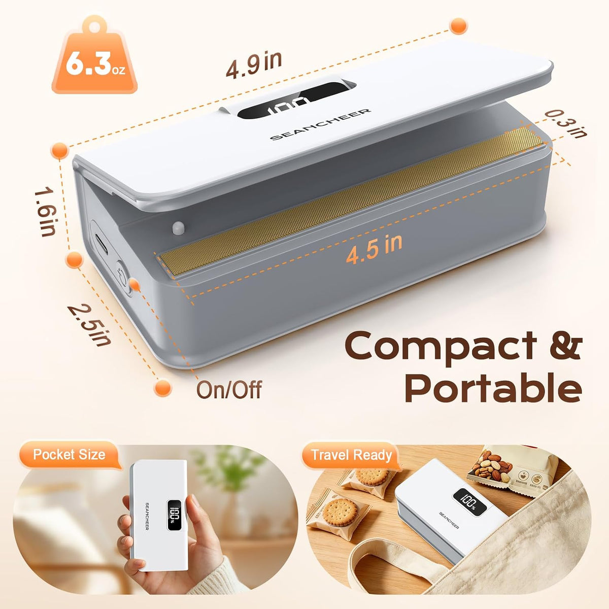 Rechargeable Mini Bag Sealer, 6 Heat Levels with Magnet & Cutter