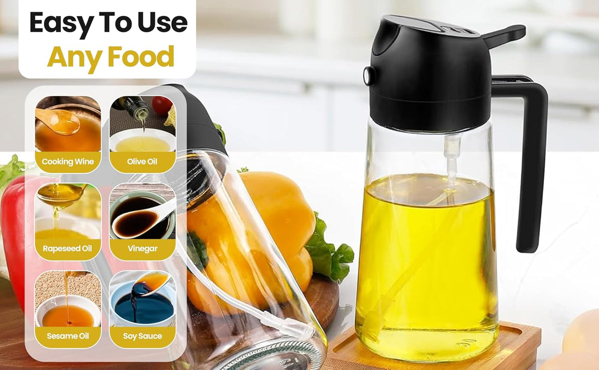 2 in 1 Oil Sprayer & Dispenser for Cooking | 16Oz/470Ml Glass Olive Oil Sprayer with Brush | Oil Spray Bottle with Pourer, Food-Grade Oil Mister for Air Fryer, Salad, Frying, BBQ (Black)